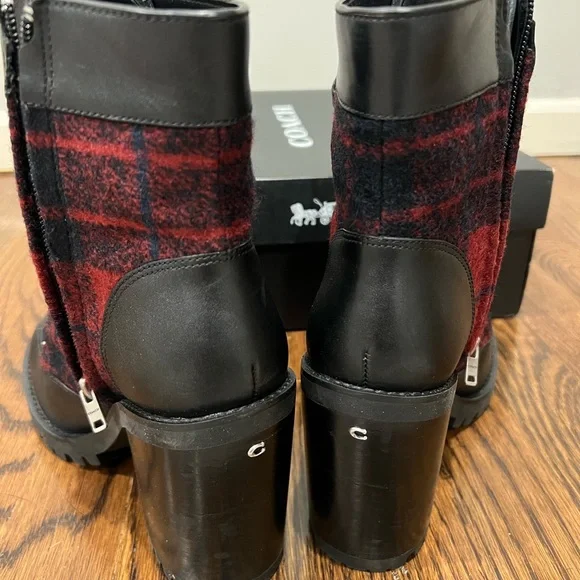 Coach Women's Plaid Lace-Up Boots in Black and Red - Picture 4 of 8